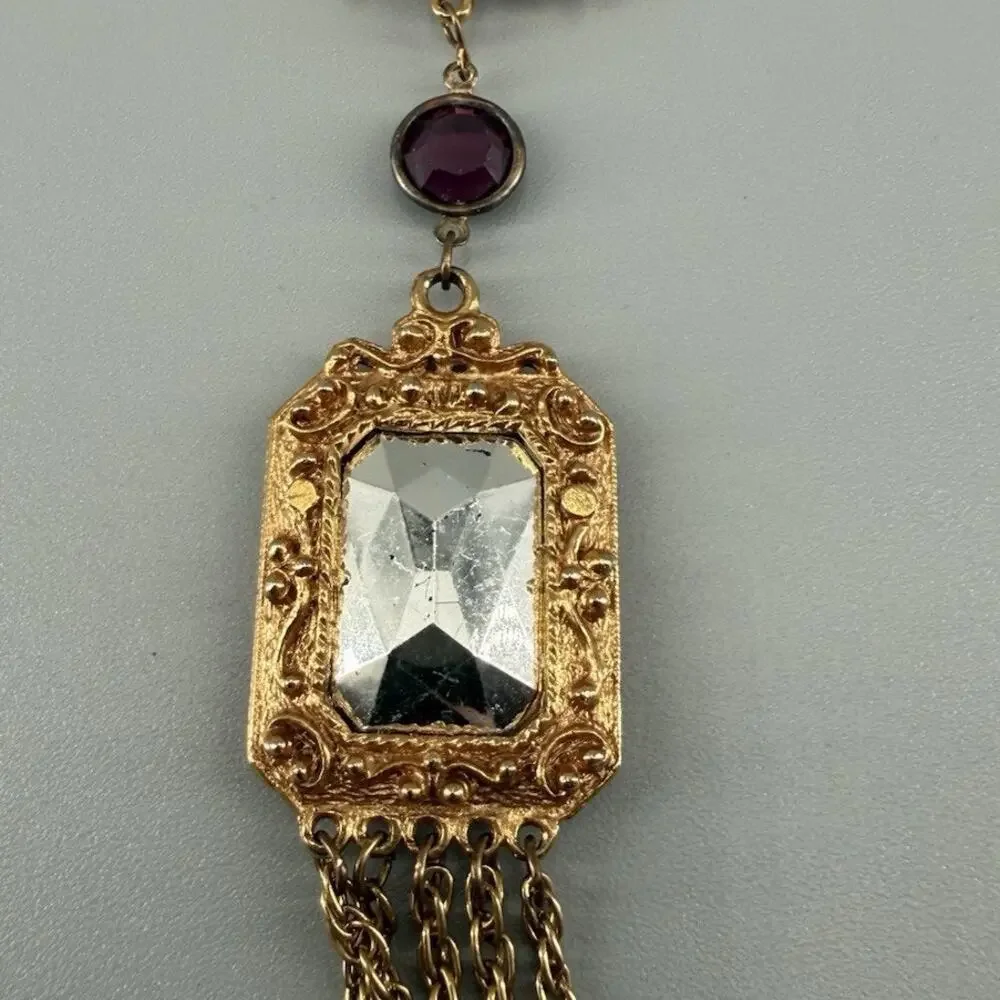Vintage Purple Faux Gem Brooch Gold Tone Victorian Revival Purple Tassel Dangle